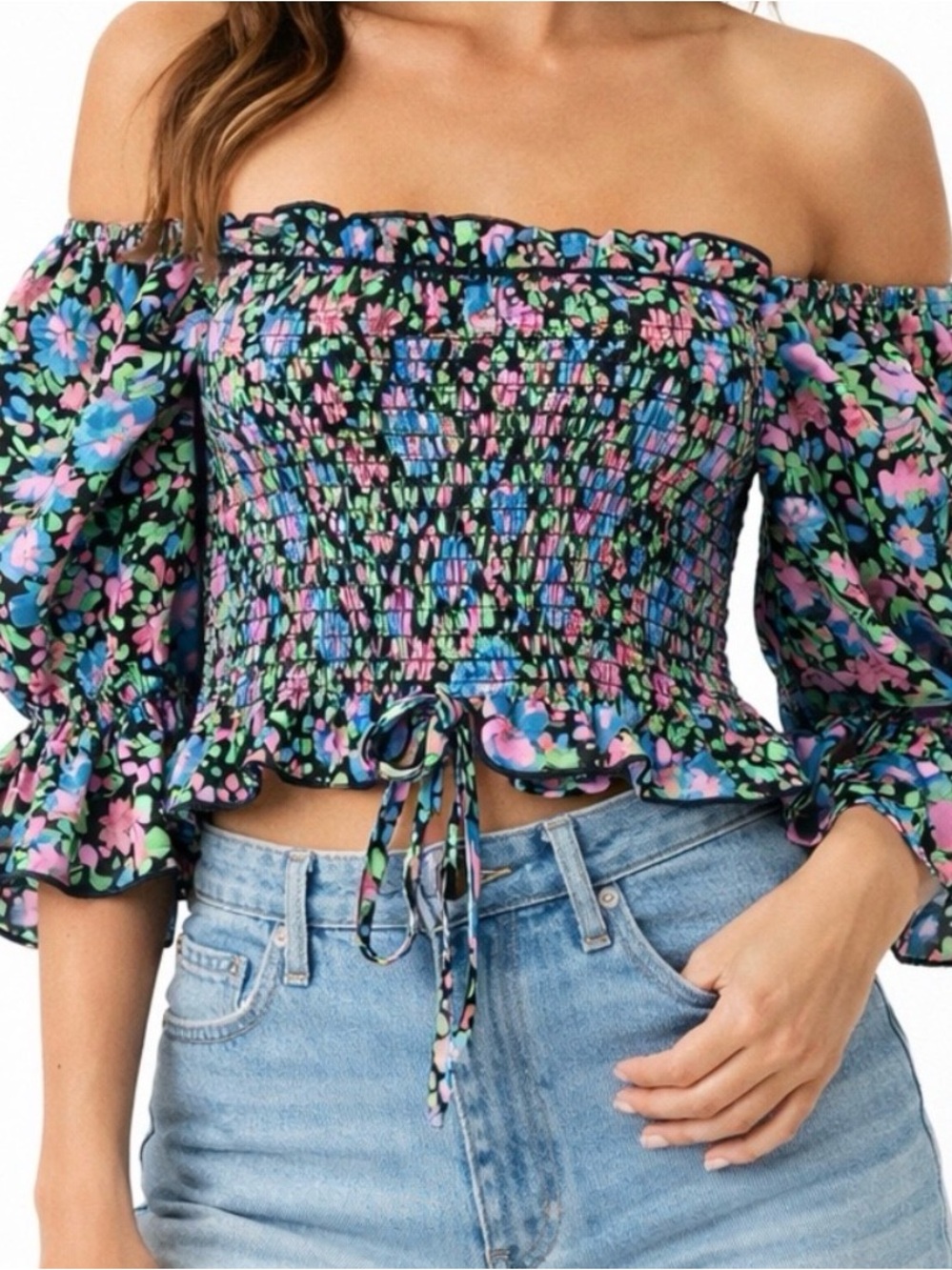 Nasty Gal Floral Smocked Off Shoulder Crop Top Cottagecore Summer Womens L